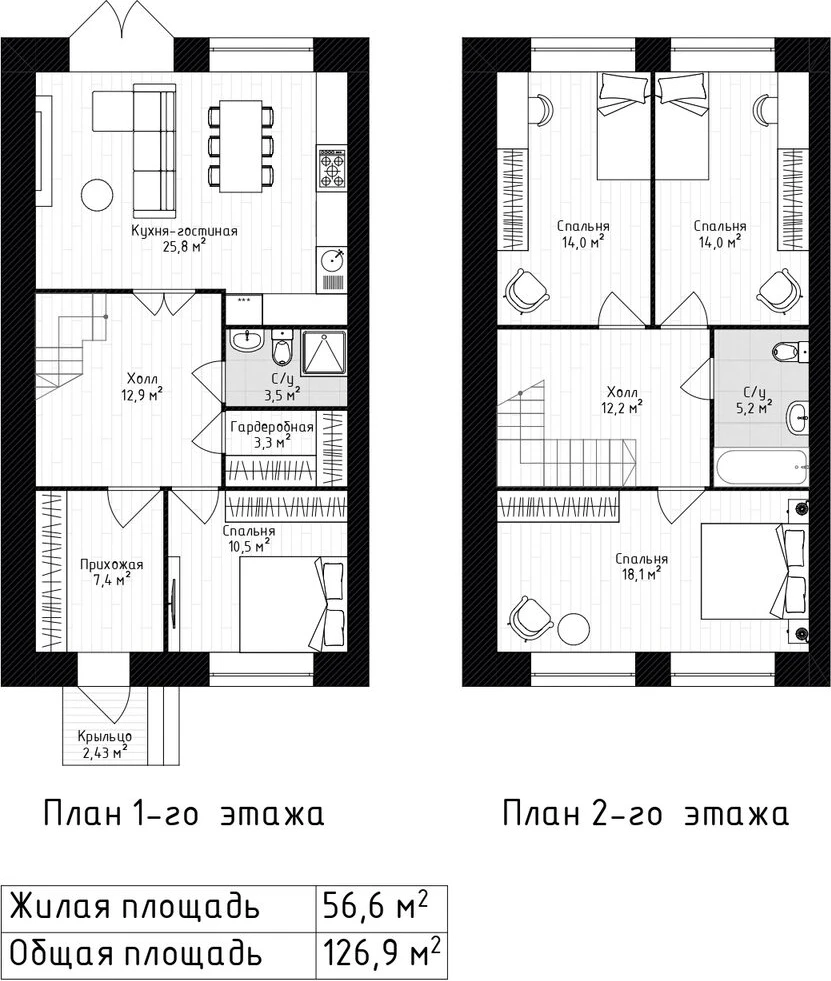 Планировка секции 1 в ЖК «Дружный»: план первого и второго этажа, 126,9 м²