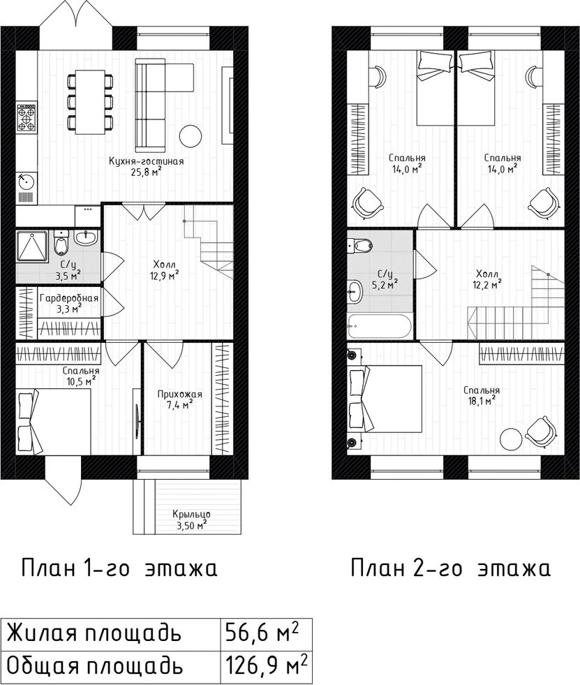 Планировка секции 2 в ЖК «Дружный»: план первого и второго этажа, 126,9 м²