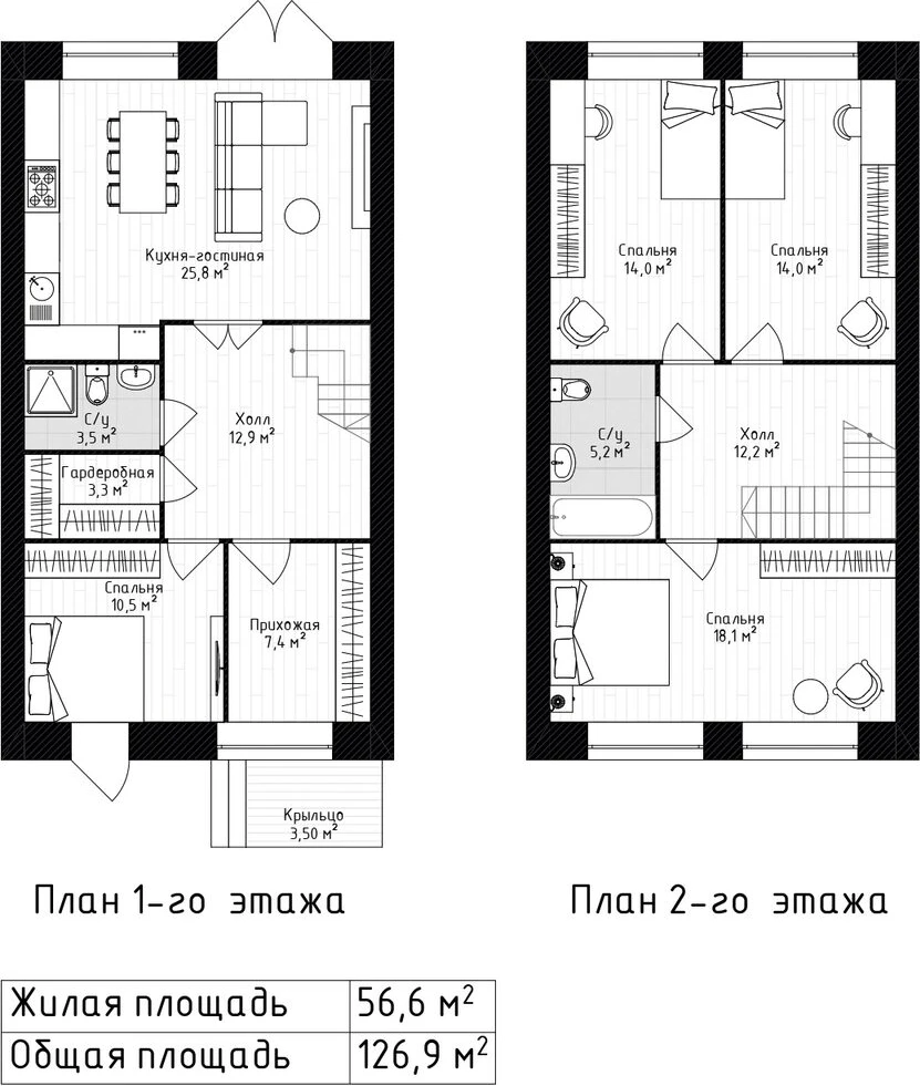 Планировка секции 3 в ЖК «Дружный»: план первого и второго этажа, 126,9 м²