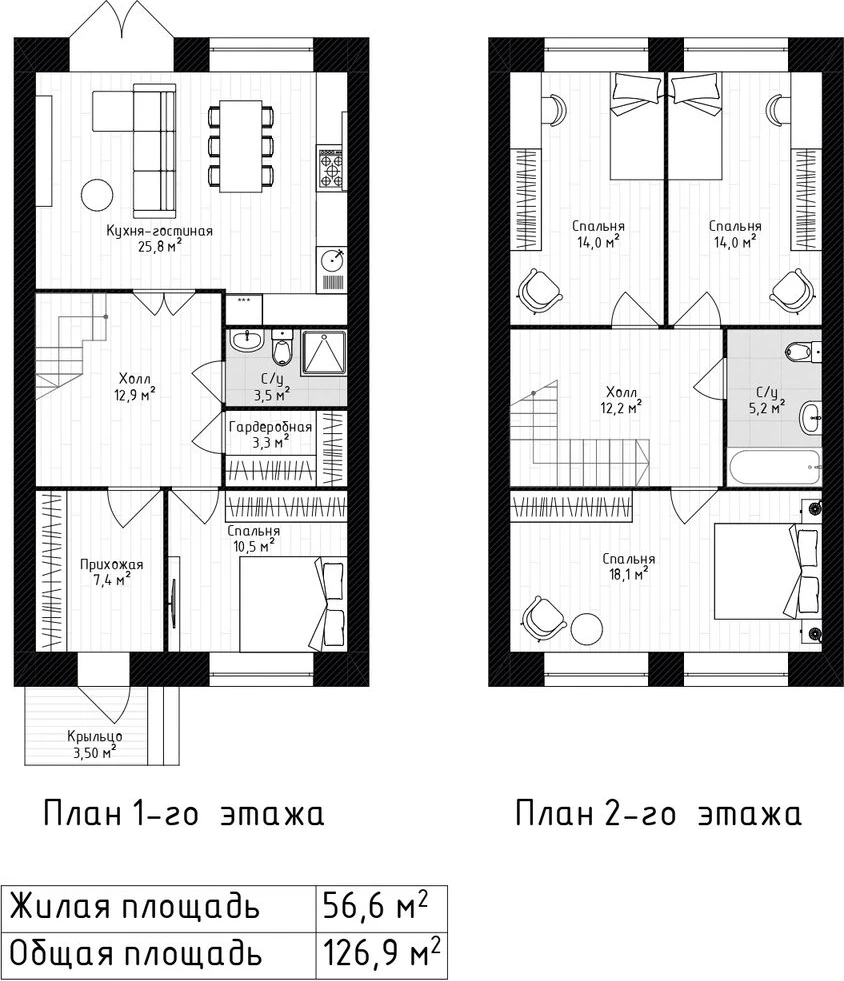 Планировка секции 6 в ЖК «Дружный»: план первого и второго этажа, 126,9 м²