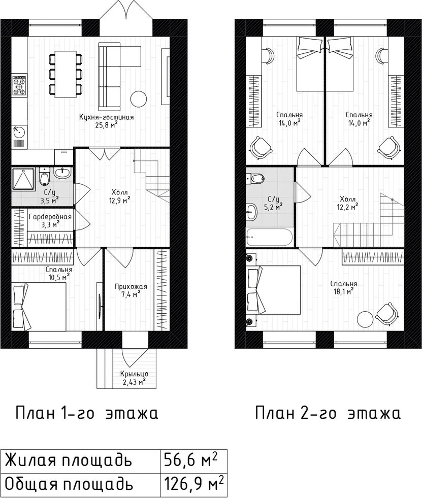 Планировка секции 7 в ЖК «Дружный»: план первого и второго этажа, 126,9 м²